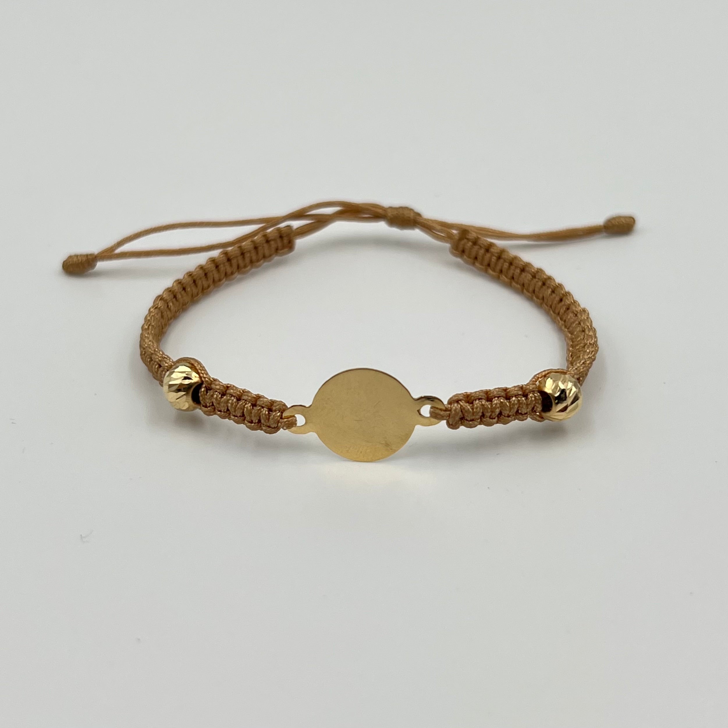 PULSERA TEJIDA BEIGE / PLACA CIRCULAR / BOLA DIAMANTADA 6MM