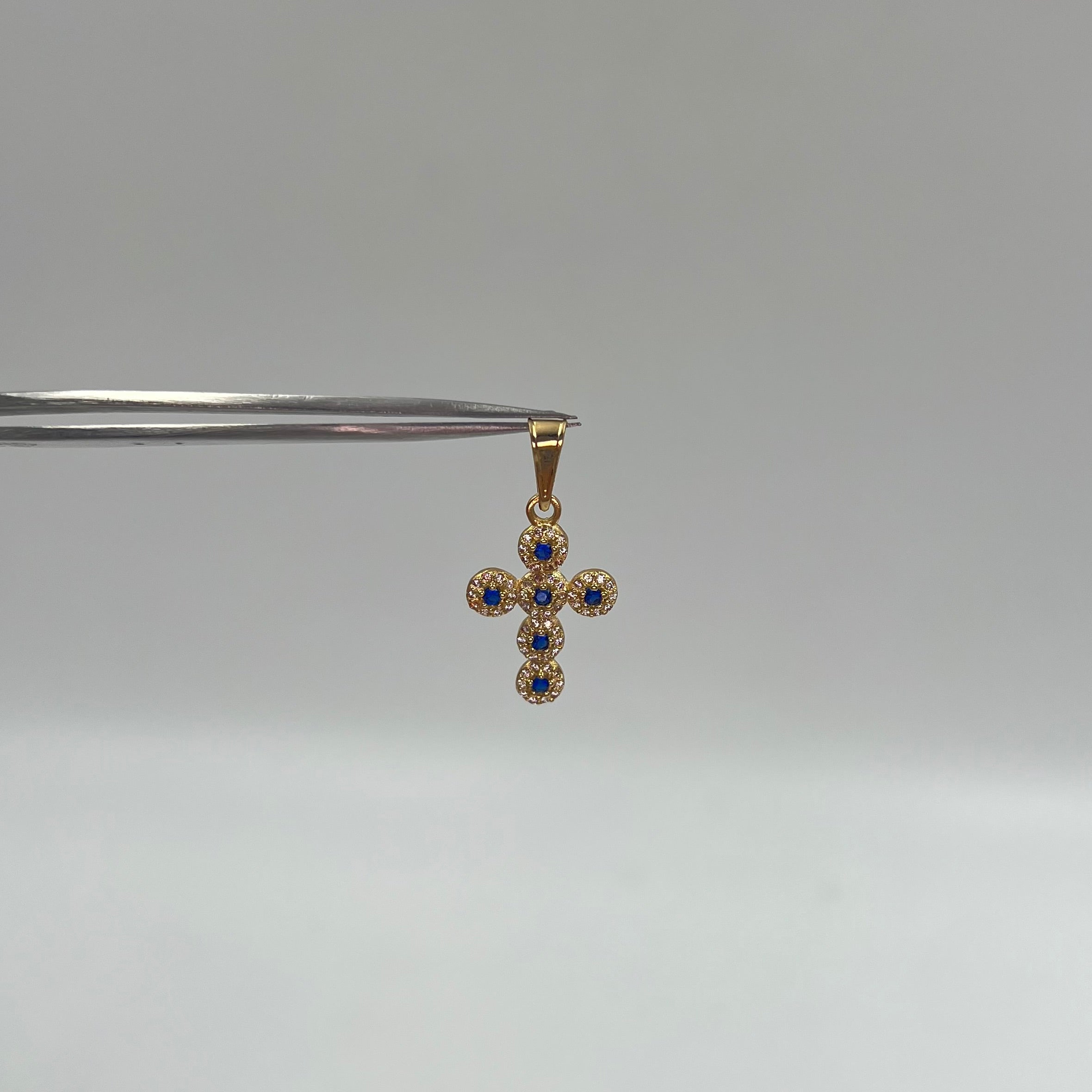 DIJE CRUZ CIRCULAR CIRCON AZUL  ORO AMARILLO 18K 1,67 GR / 4 MM / 2,2 CM