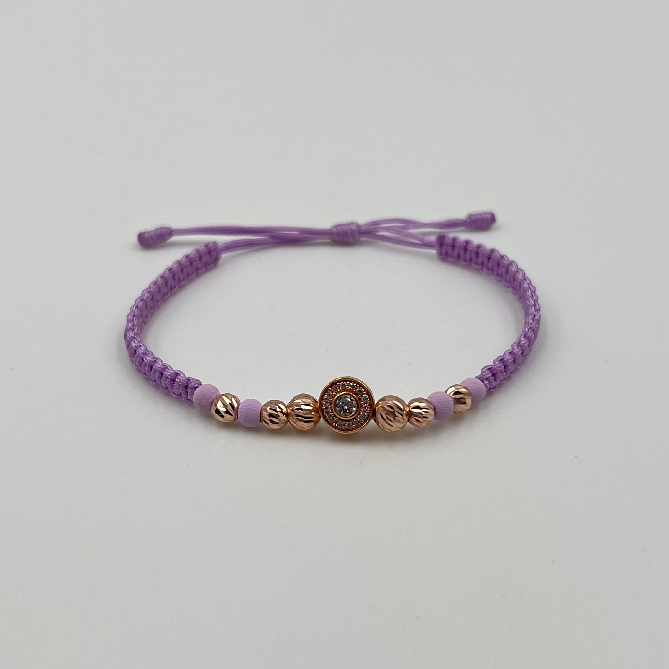 PULSERA TEJIDA LILA / HERRAJE CIRCON / BOLA DIAMANTADA ORO ROSA 5MM Y 4MM