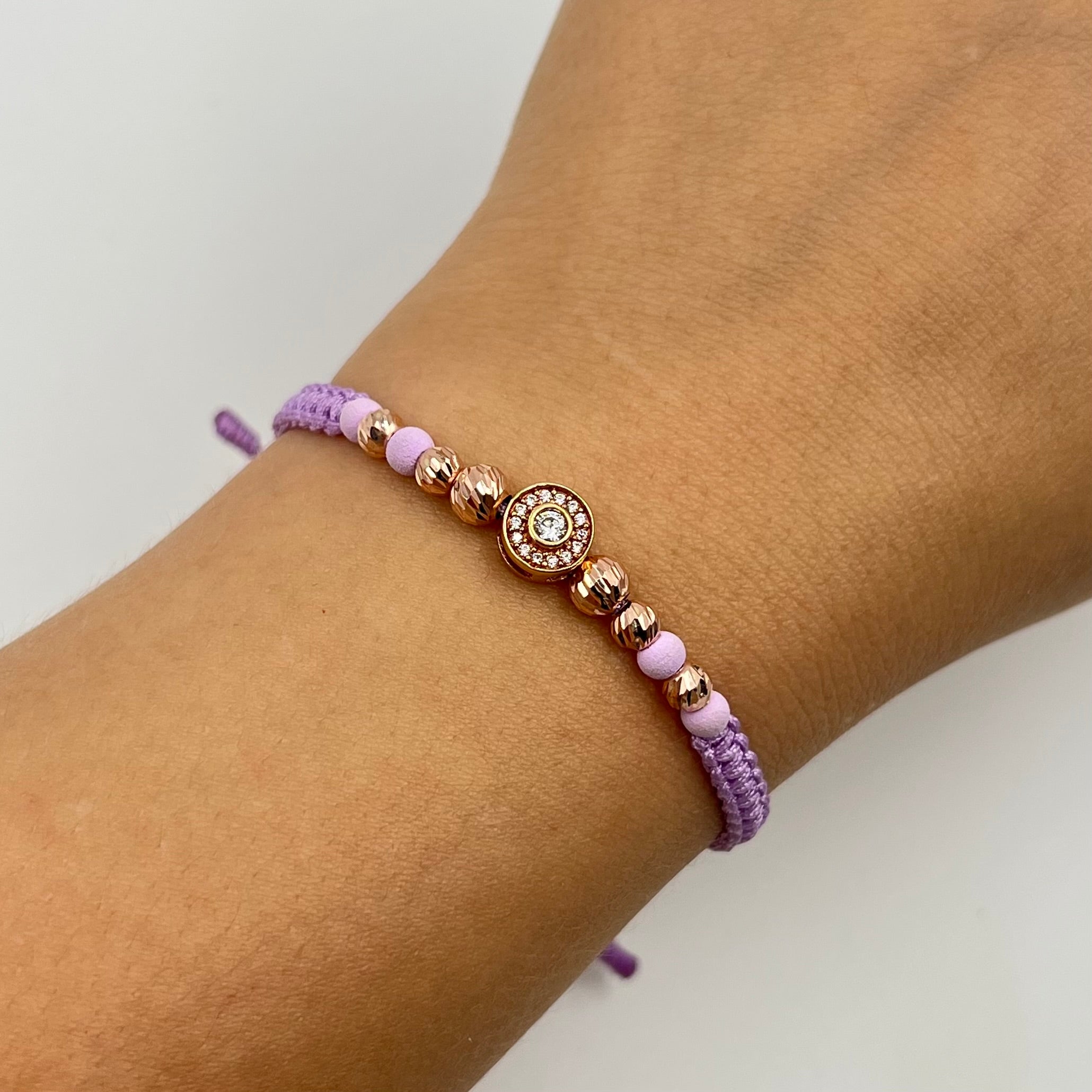 PULSERA TEJIDA LILA / HERRAJE CIRCON / BOLA DIAMANTADA ORO ROSA 5MM Y 4MM