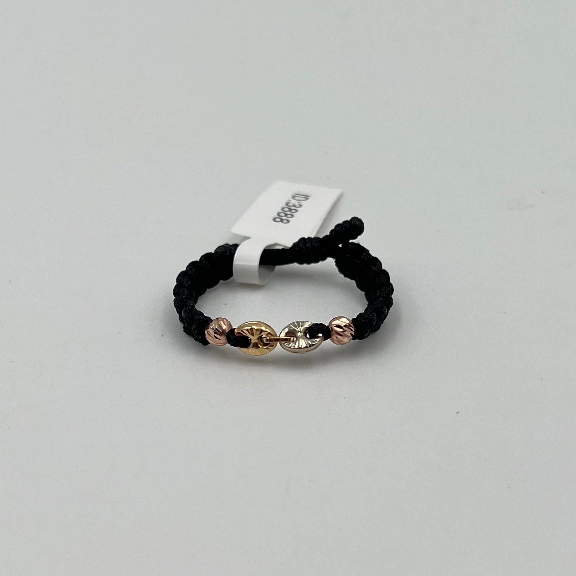 ANILLO TEJIDO GRADUABLE NEGRO / HERRAJE GC / BOLA 4MM DIAMANTADO ORO ROSA