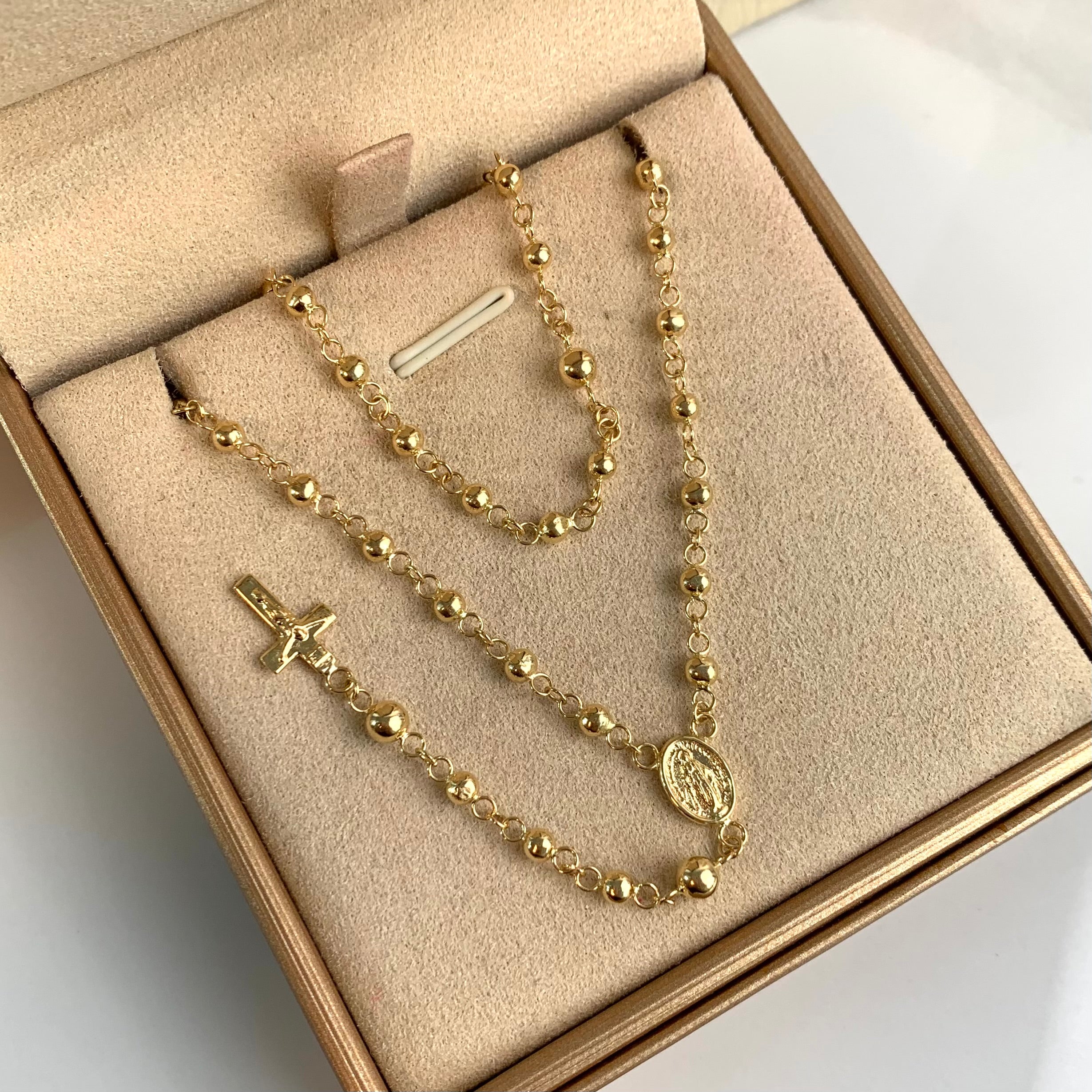 ROSARIO - CAMANDULA VIRGEN MILAGROSA / BOLAS LISAS 3MM - 4MM  ORO AMARILLO 18K 6,7 GR / 4 MM / 55 CM