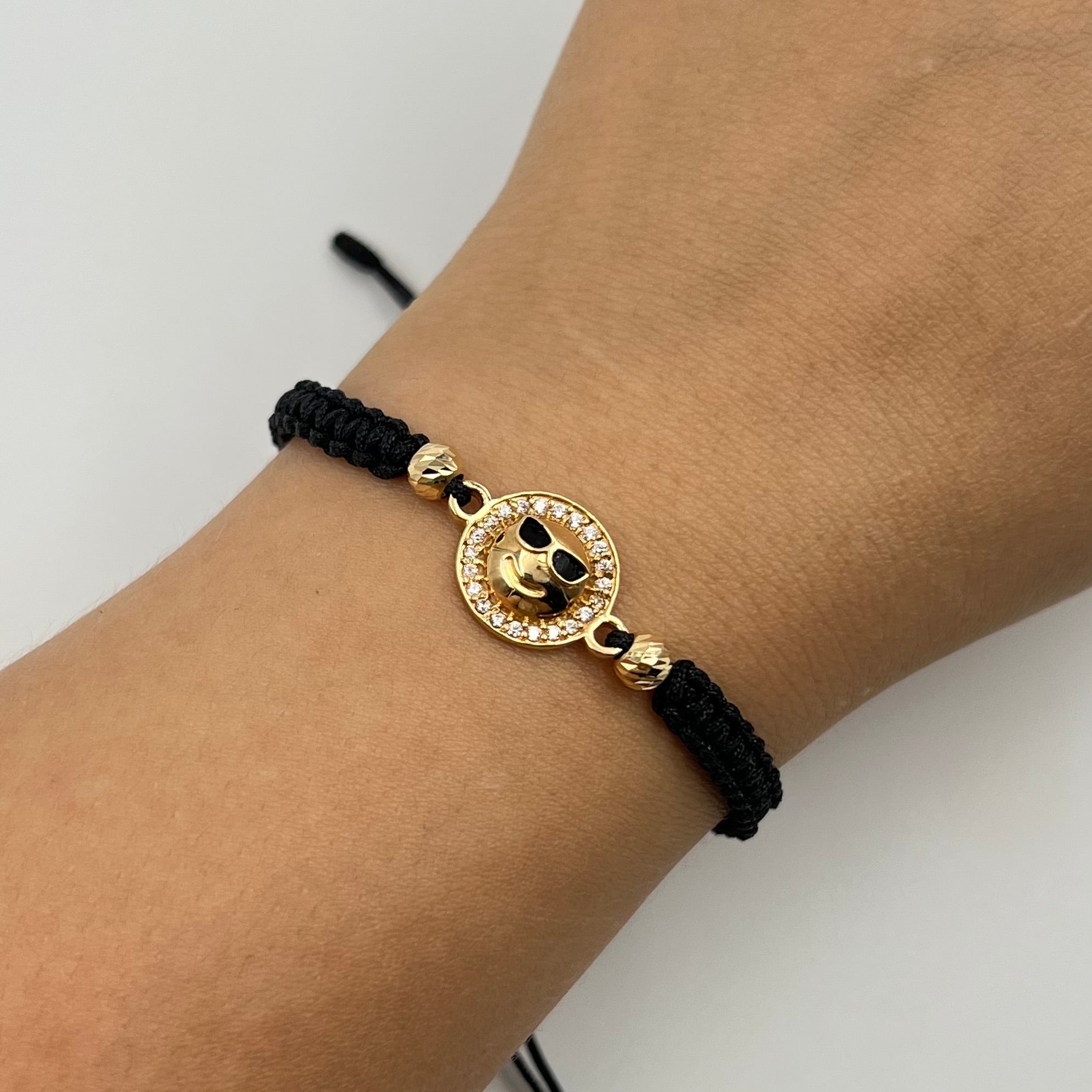 PULSERA TEJIDA NEGRA / EMOJI / BOLA DIAMANTADA 5MM