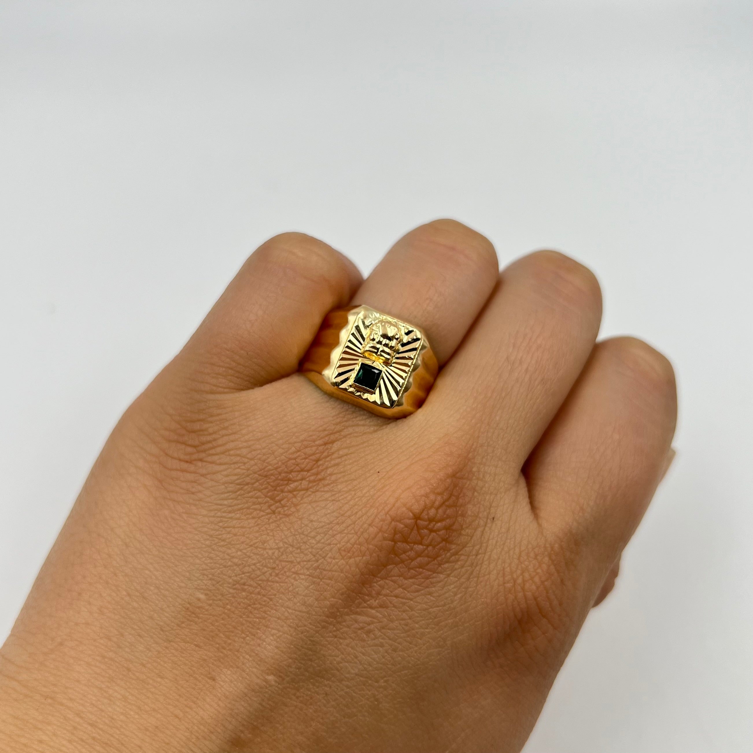 ANILLO CUADRADO CIRCON VERDE  ORO AMARILLO 18K / TALLA 9/5 / 2,98 GR / 14 MM