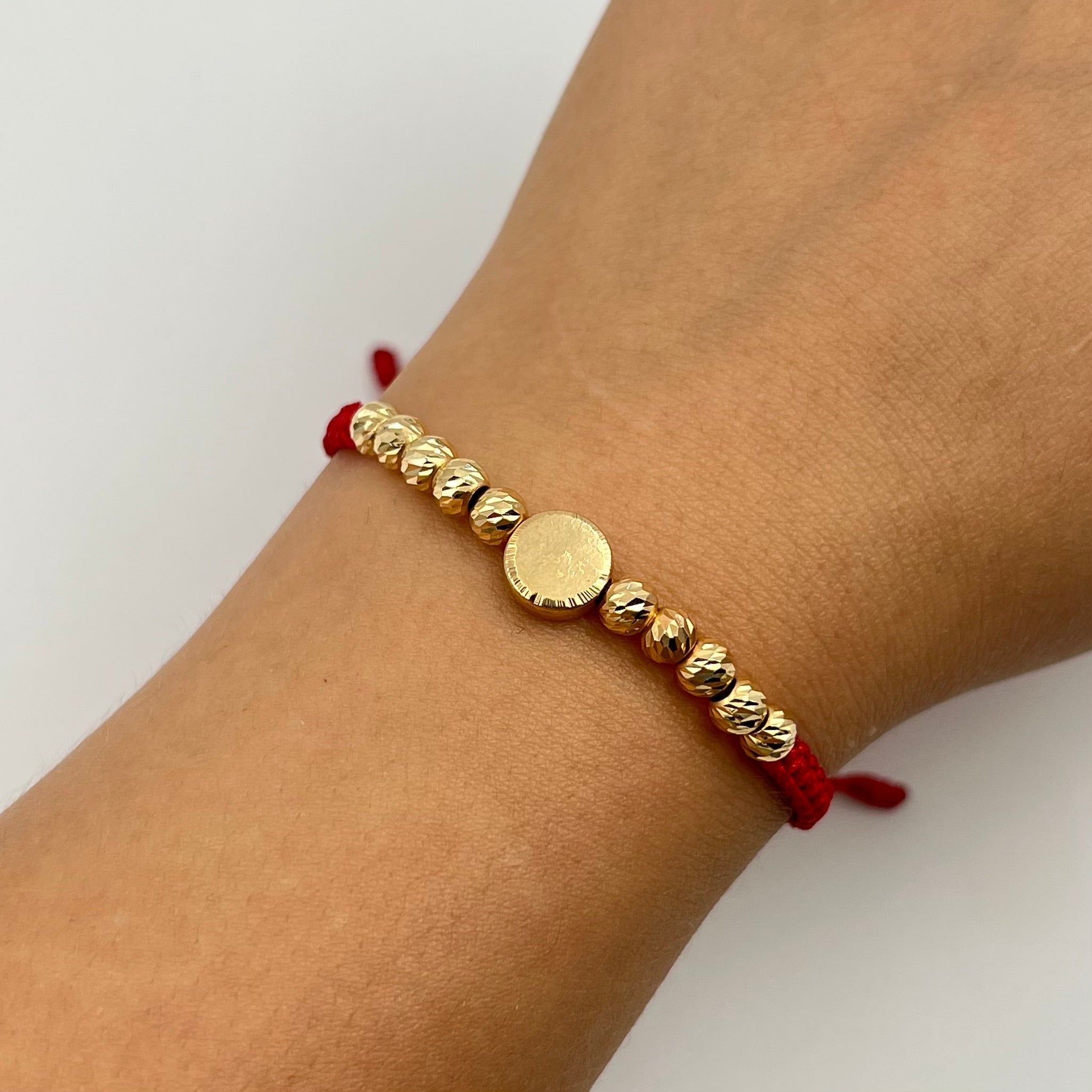 PULSERA TEJIDA ROJA / PLACA TAMBOR / BOLA DIAMANTADA 5MM